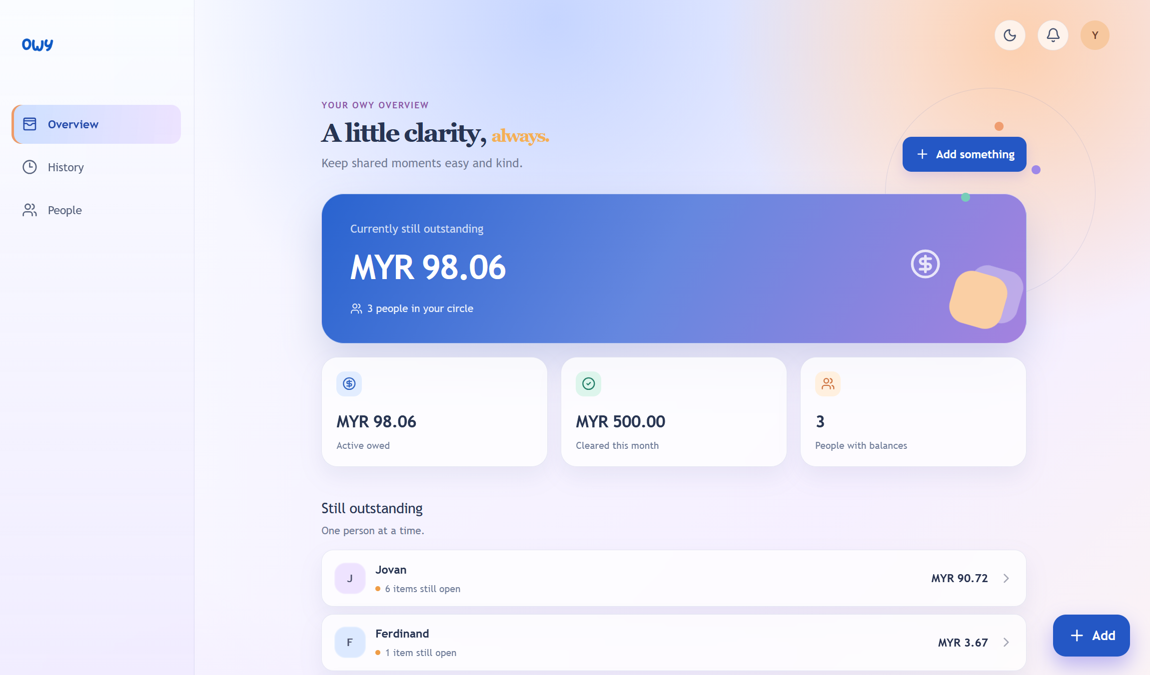 Owy shared expense dashboard