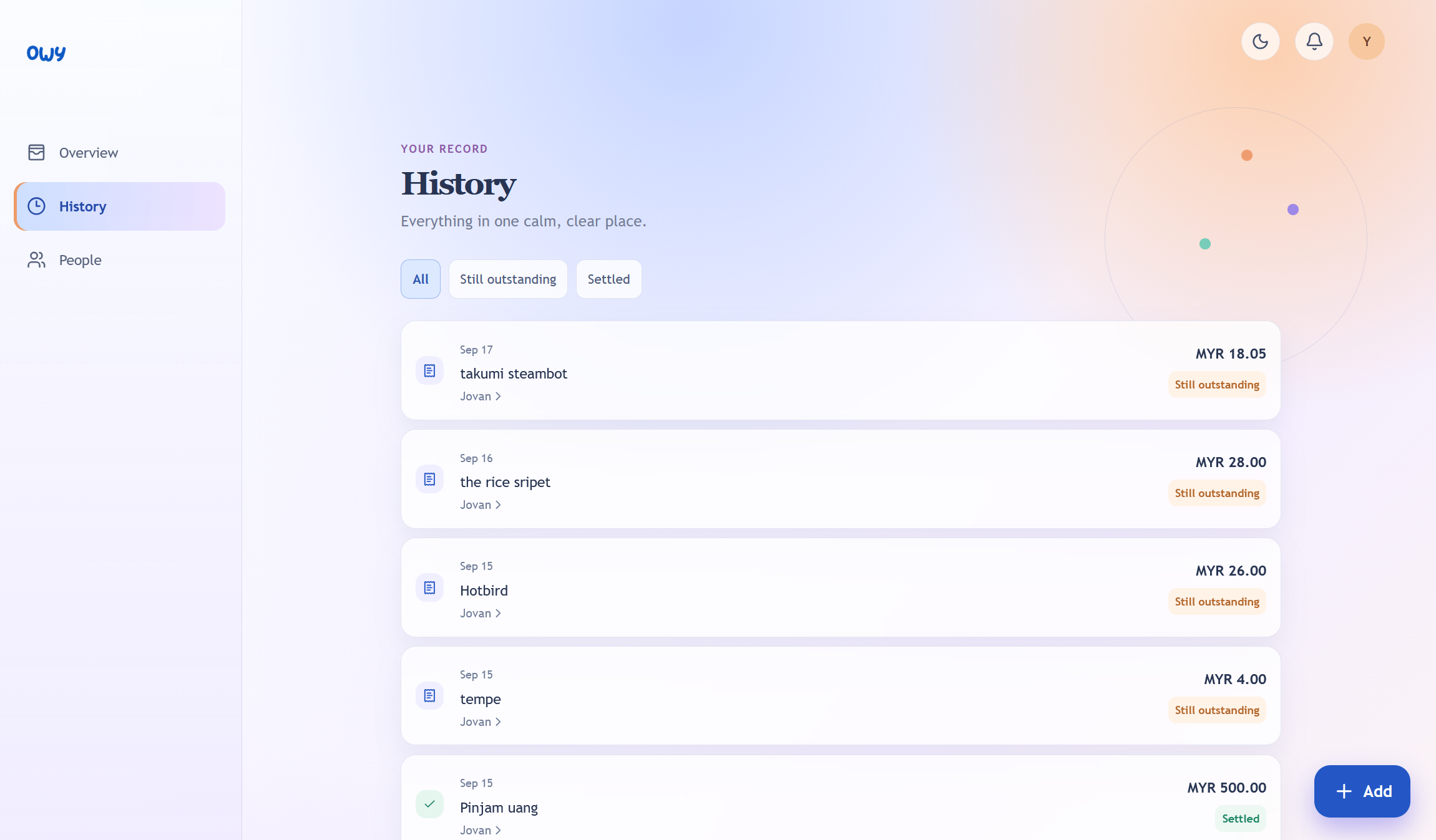 Owy shared expense dashboard