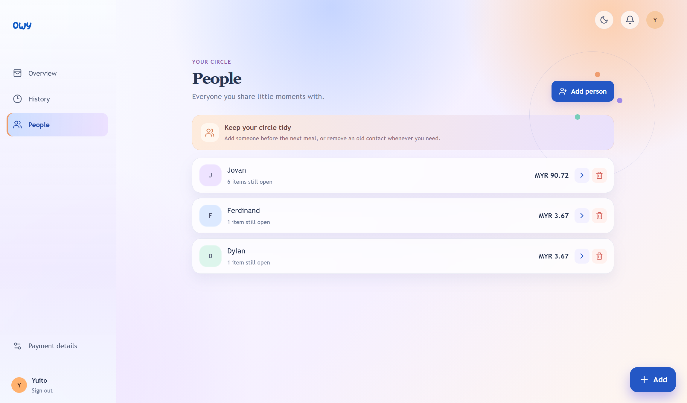 Owy shared expense dashboard