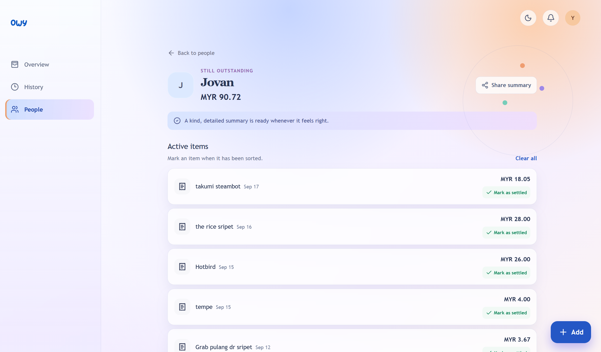 Owy shared expense dashboard